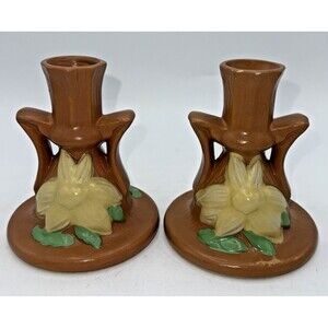Vintage Roseville Art Pottery Clematis Candle Stick Holders Autumn Brown/Yellow